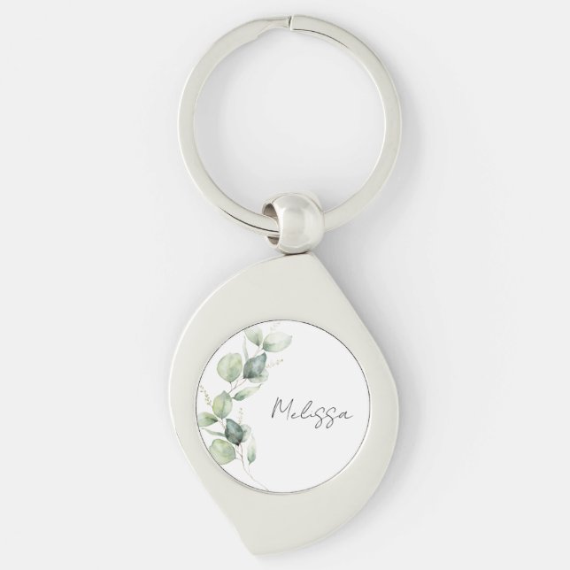 Eucalyptus Greenery Watercolor Botanical Custom Key Ring (Front)