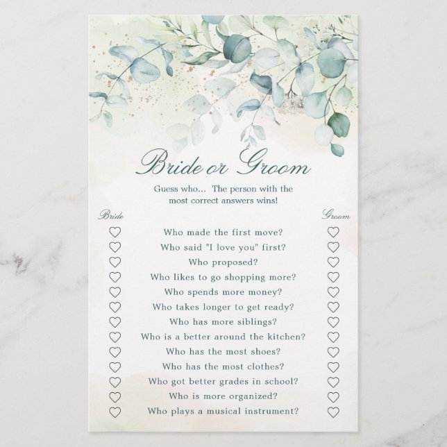 Eucalyptus Greenery Watercolor Bridal Shower Game (Front)