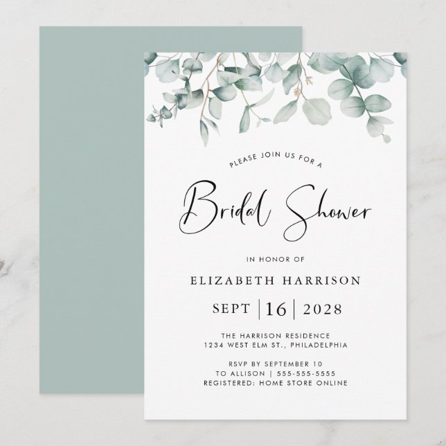 Eucalyptus Greenery Watercolor Bridal Shower Invitation (Front/Back)