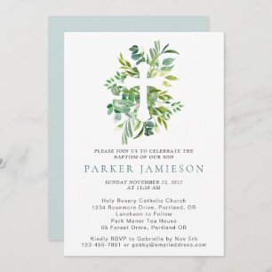 Eucalyptus Greenery Watercolor Cross Baptism  Invi Invitation