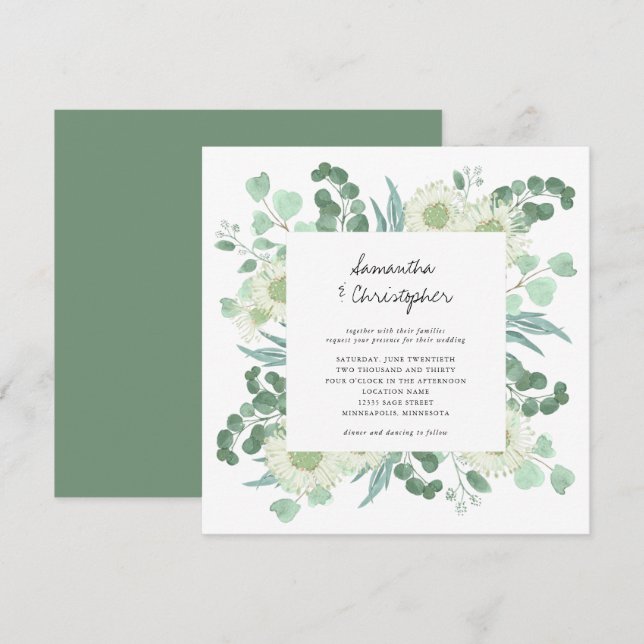 Eucalyptus Greenery Watercolor Flowers Wedding Invitation (Front/Back)