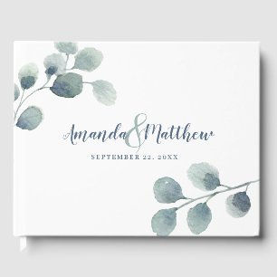 Eucalyptus Greenery Watercolor Foliage Dusty Blue Guest Book