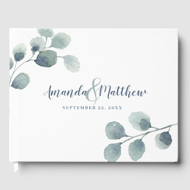 Eucalyptus Greenery Watercolor Foliage Dusty Blue Guest Book (Front)