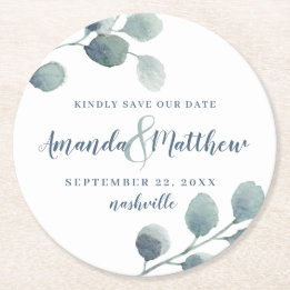 Eucalyptus Greenery Watercolor Foliage Dusty Blue Round Paper Coaster
