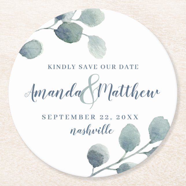 Eucalyptus Greenery Watercolor Foliage Dusty Blue Round Paper Coaster (Front)