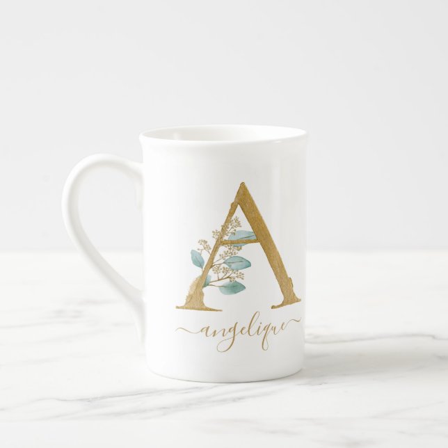 Eucalyptus Greenery Watercolor Gold Monogram A Bone China Mug (Left)