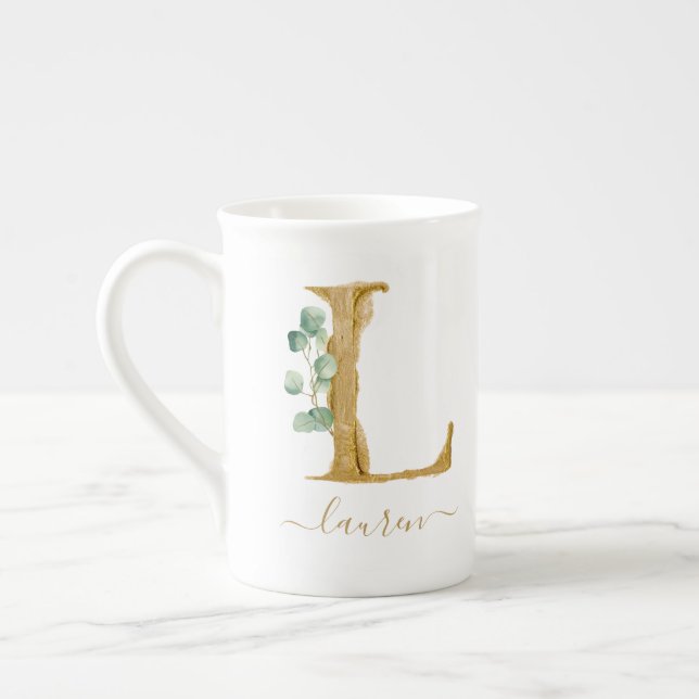 Eucalyptus Greenery Watercolor Gold Monogram L Bone China Mug (Left)