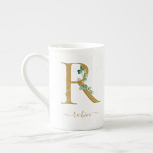 Eucalyptus Greenery Watercolor Gold Monogram R Bone China Mug