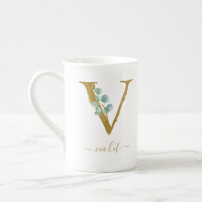 Eucalyptus Greenery Watercolor Gold Monogram V Bone China Mug (Left)