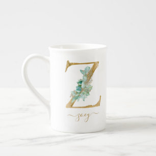 Eucalyptus Greenery Watercolor Gold Monogram Z  Bone China Mug