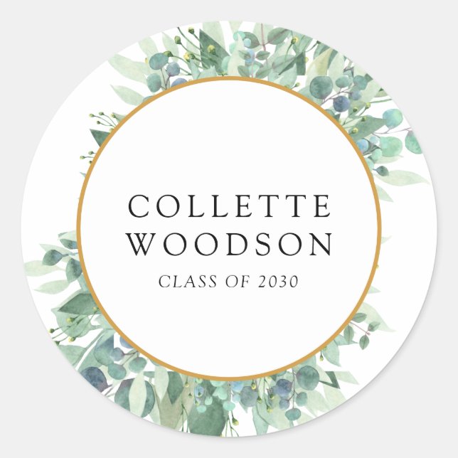 Eucalyptus Greenery Watercolor Graduation Classic Round Sticker (Front)
