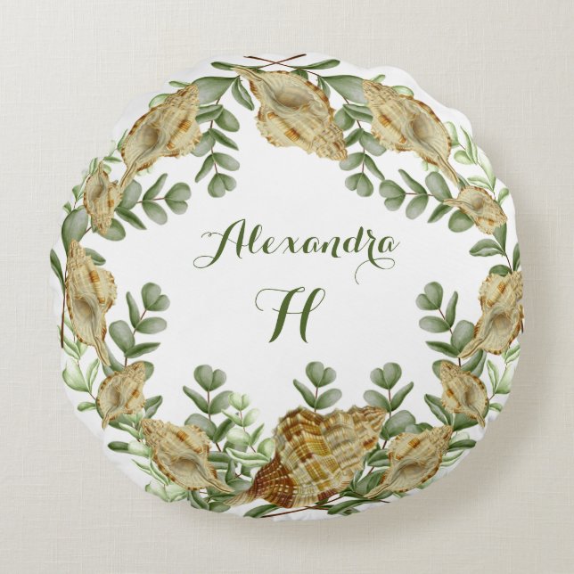Eucalyptus Greenery Watercolor Seashell Round Cushion (Front)