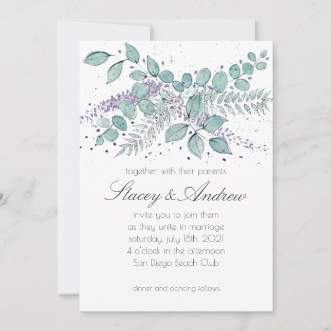 Eucalyptus Greenery Watercolor Wedding Announcement (Front)