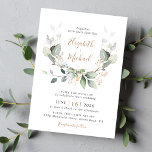 Eucalyptus Greenery Watercolor Wedding Invitation<br><div class="desc">Elegant botanical wedding invitation featuring watercolors of sage green eucalyptus greenery,  laurel leaves and gold accents,  with modern soft grey typography and your names in a stylish gold script.</div>