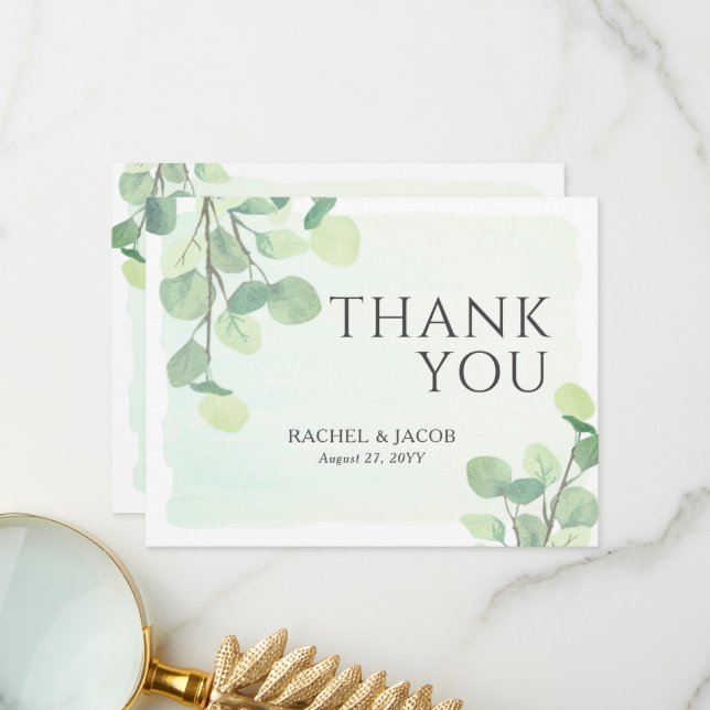 Eucalyptus Greenery Watercolor Wedding Thank You Card (Front/Back In Situ)