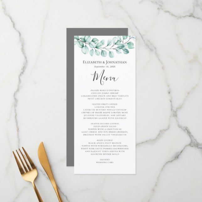 Eucalyptus Greenery Watercolor Wreath Wedding Menu (Front/Back In Situ)