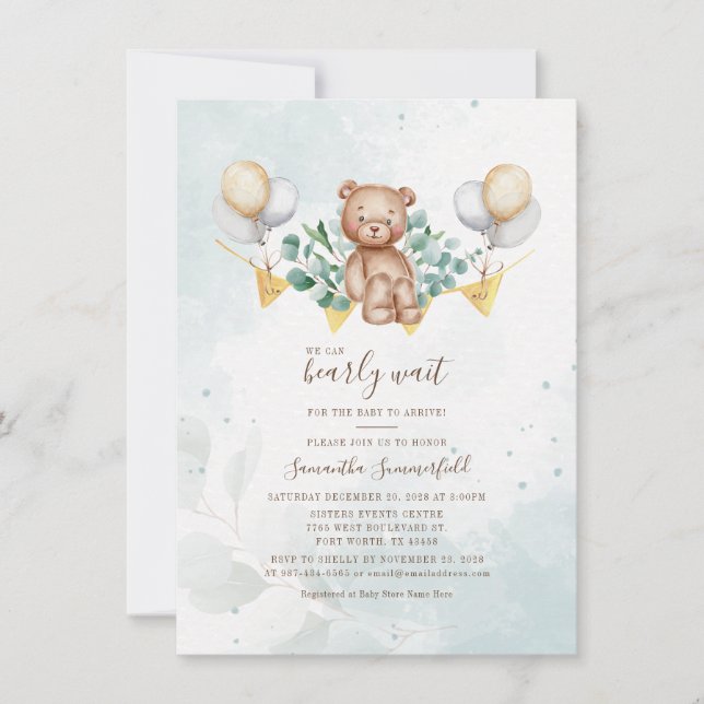 Eucalyptus Greenery We Can Bearly Wait Baby Shower Invitation (Front)