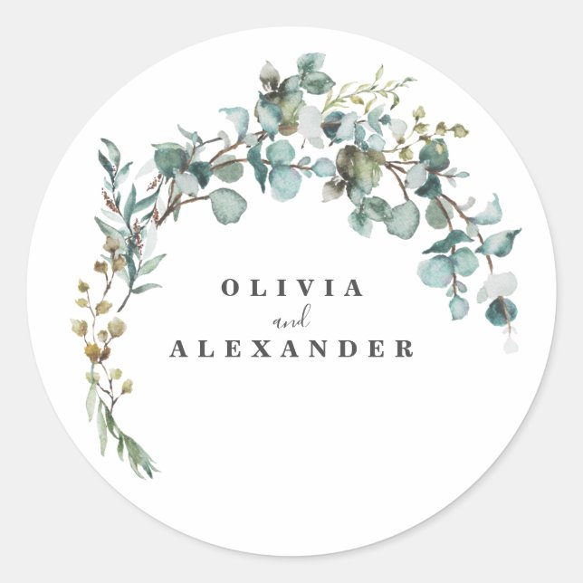 Eucalyptus Greenery Wedding Classic Round Sticker (Front)