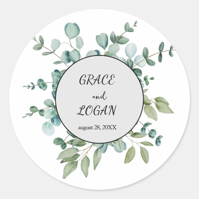 eucalyptus greenery wedding classic round sticker (Front)
