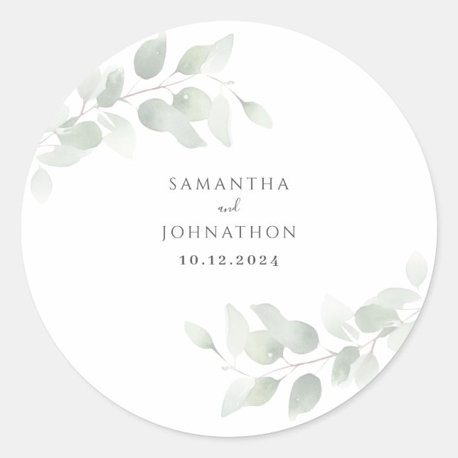 Eucalyptus Greenery Wedding Classic Round Sticker (Front)
