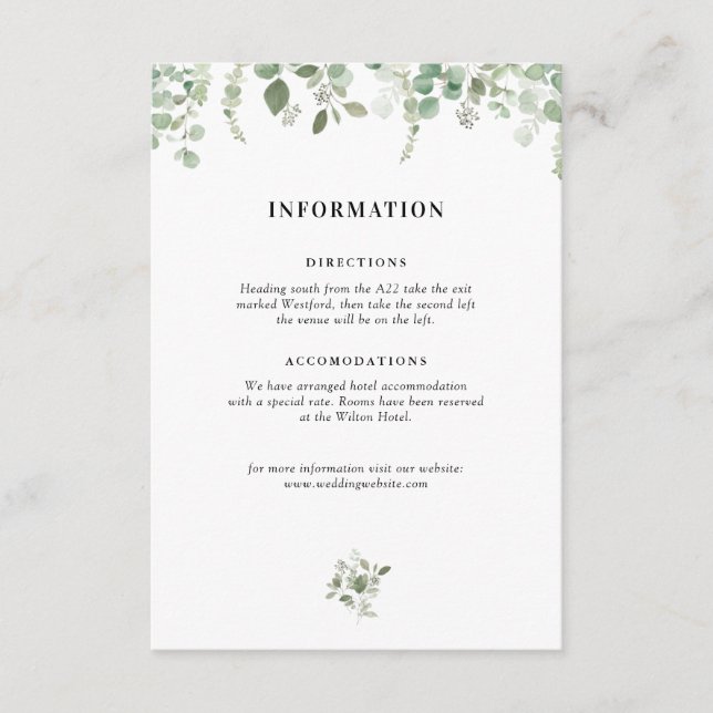 eucalyptus greenery wedding details card (Front)