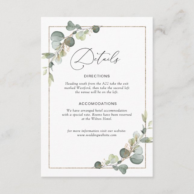 eucalyptus greenery wedding details card (Front)