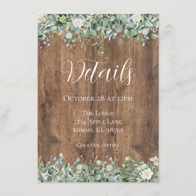 Eucalyptus Greenery Wedding Details Card | Rustic (Front)