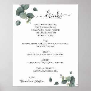 Eucalyptus Greenery Wedding Drinks Menu Sign