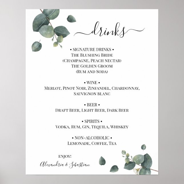 Eucalyptus Greenery Wedding Drinks Menu Sign (Front)