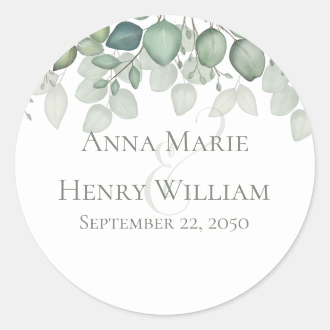 Eucalyptus Greenery Wedding Favour Elegant Modern Classic Round Sticker (Front)