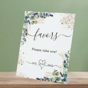 Eucalyptus greenery wedding favours guests pedestal sign