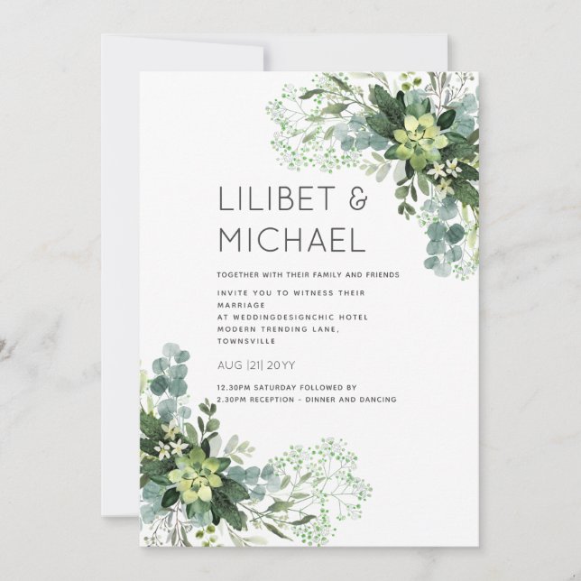 Eucalyptus Greenery Wedding Foliage Babys Breath Invitation (Front)