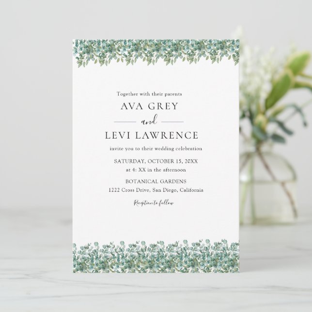 eucalyptus greenery wedding invitation (Standing Front)