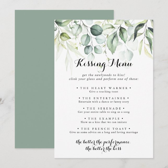 Eucalyptus Greenery Wedding Kissing Menu Game Card (Front/Back)