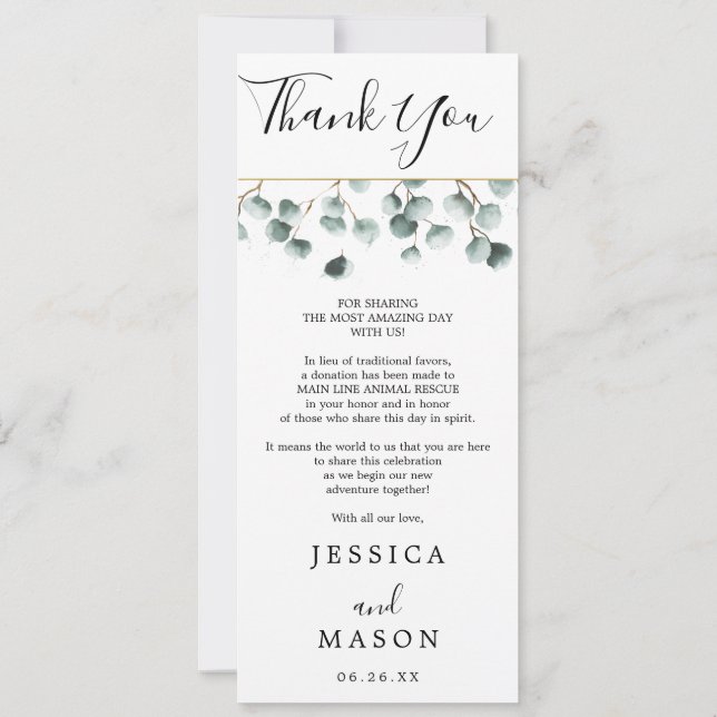 Eucalyptus Greenery Wedding Menu and Thank You Invitation (Back)