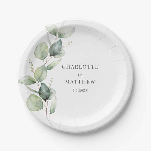 Eucalyptus Greenery Wedding Party Paper Plate (Front)