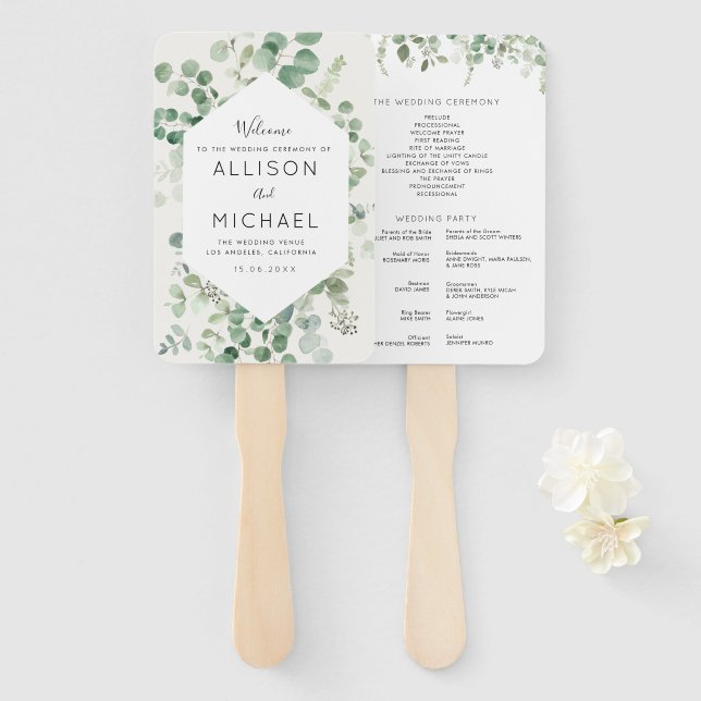 Eucalyptus greenery wedding program hand fan (Front and Back)