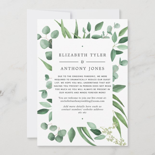 Eucalyptus Greenery Wedding Reduced Guest List Announcement (Front)