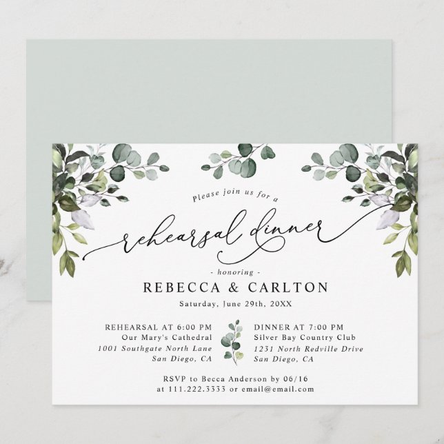 Eucalyptus Greenery Wedding Rehearsal Dinner Invitation (Front/Back)