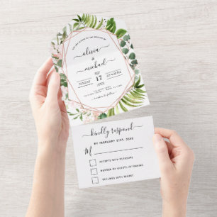 Eucalyptus Greenery Wedding Rose Gold Pink RSVP All In One Invitation