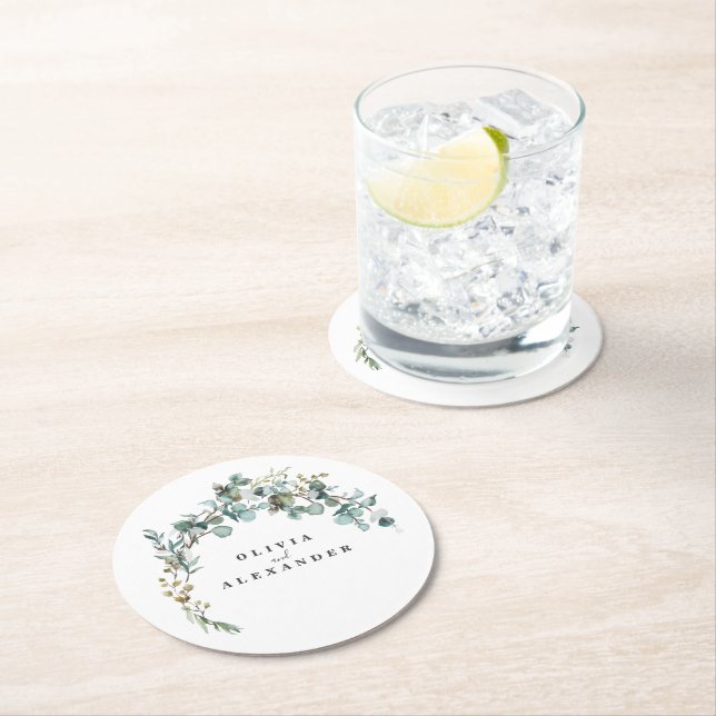 Eucalyptus Greenery Wedding Round Paper Coaster (Insitu)
