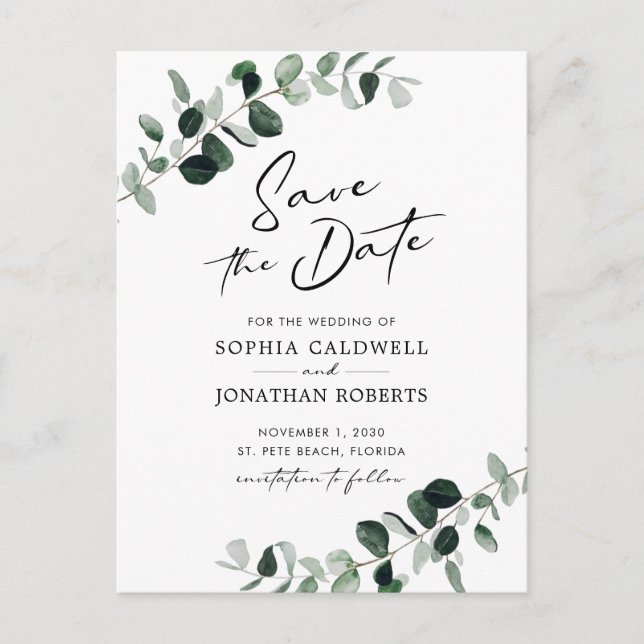 Eucalyptus Greenery Wedding Save the Date Announcement Postcard (Front)