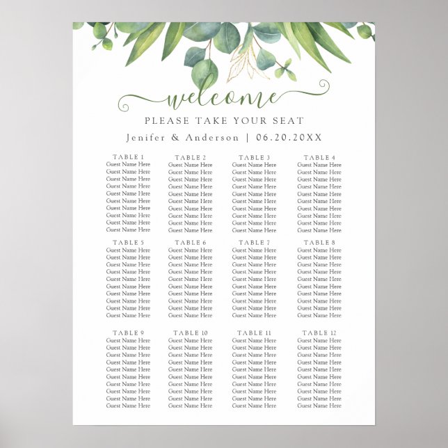 Eucalyptus Greenery Wedding Seating Chart Poster (Front)