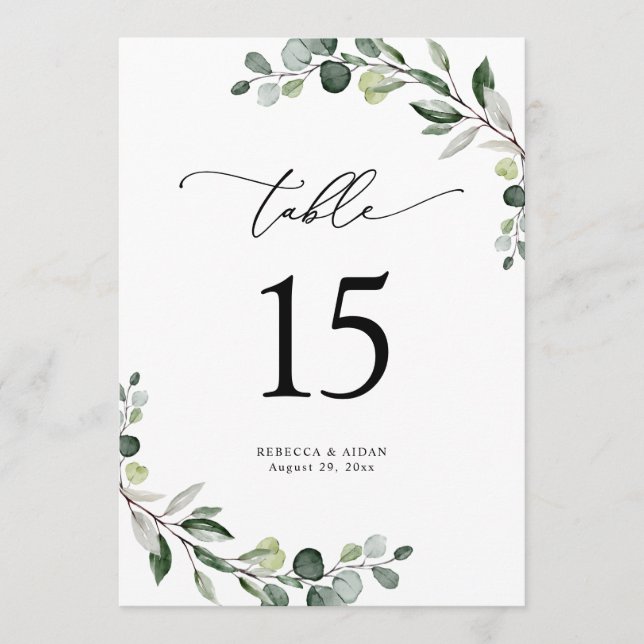 Eucalyptus Greenery Wedding Table Number Cards (Front)
