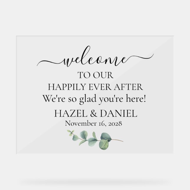 Eucalyptus Greenery Wedding Welcome  Acrylic Sign (Front)