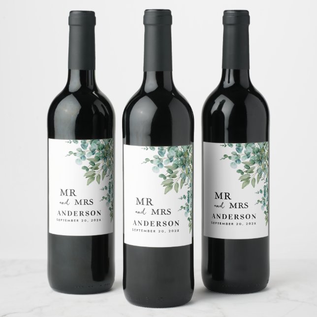 eucalyptus greenery wedding wine label (Bottles)