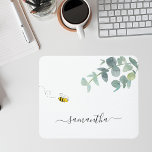 Eucalyptus greenery white bee name mouse mat<br><div class="desc">A chic white background. Decorated with watercolored eucalyptus greenery, foliage and a cute, happy smiling bee. Personalise and add your name. The name is written with a modern hand lettered style script with swashes. To keep the swashes only delete the sample name, leave the spaces or emoji's in front and...</div>