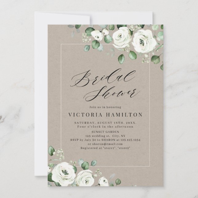 Eucalyptus greenery white floral bridal shower invitation (Front)
