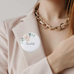 Eucalyptus greenery white floral name tag 3 cm round badge<br><div class="desc">A chic white background. Decorated with a white floral,  flower (peony)and green watercolored eucalyptus leaves,  sprigs,  greenery and a faux gold sprig. Personalize and add a name. The name is written with a modern hand lettered style script.</div>
