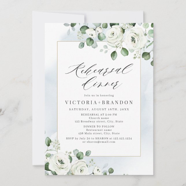 Eucalyptus greenery white floral rehearsal dinner invitation (Front)